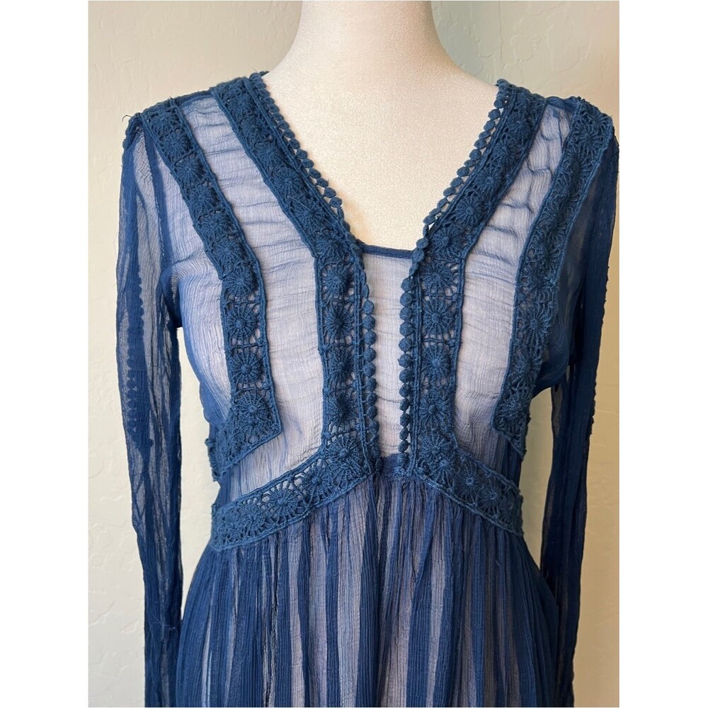 Sundance Time After Time Blue Sheer Crochet Boho Dress Above Knee with Slip 6 - Picture 3 of 10